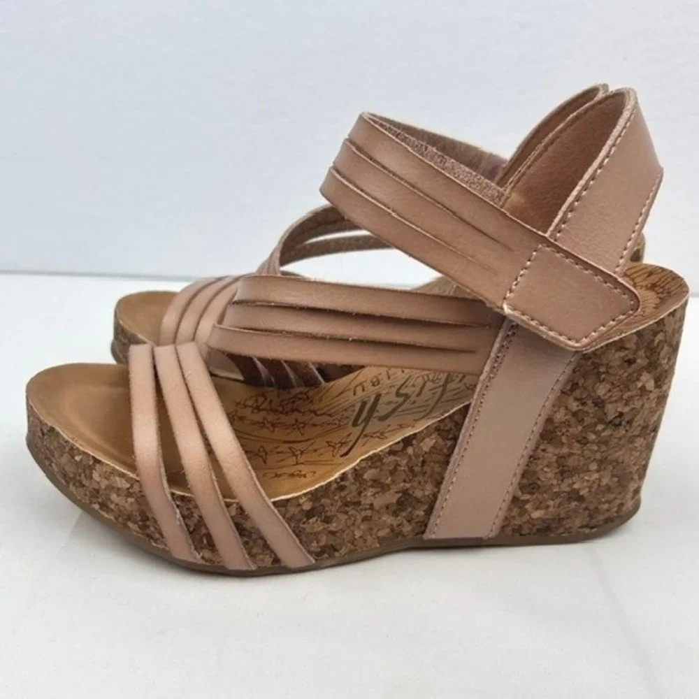 Blowfish Malibu Womens Tan Multi Strap Cork Wedge Sandals Ankle Strap Size 6.5